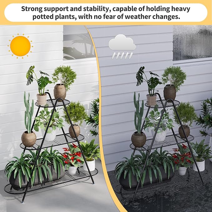 Plant Stand for Patio, 3-Tier Metal Plant Shelf–Indoor/Outdoor Display Rack for Multiple Pots, Heavy Duty Plants, Garden Flower Organizer (Black)
