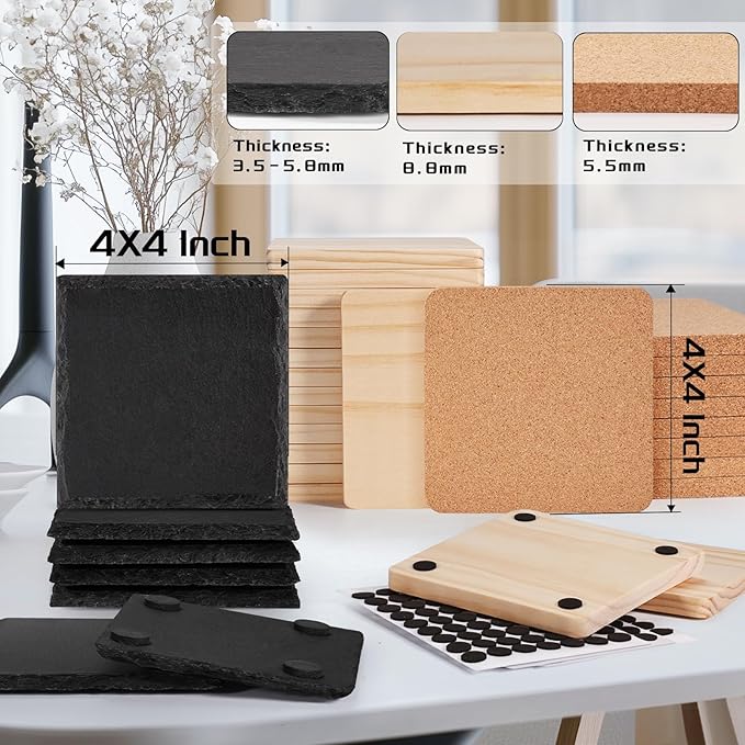 89 PCS Square Blank Coasters Bulk for Laser Engraving, MAPRIAL 4 Inch 100% Natural Black Slate Stone, Wood, Cork, Engravable Materials for Engraver, Gifts, Crafts, Wedding
