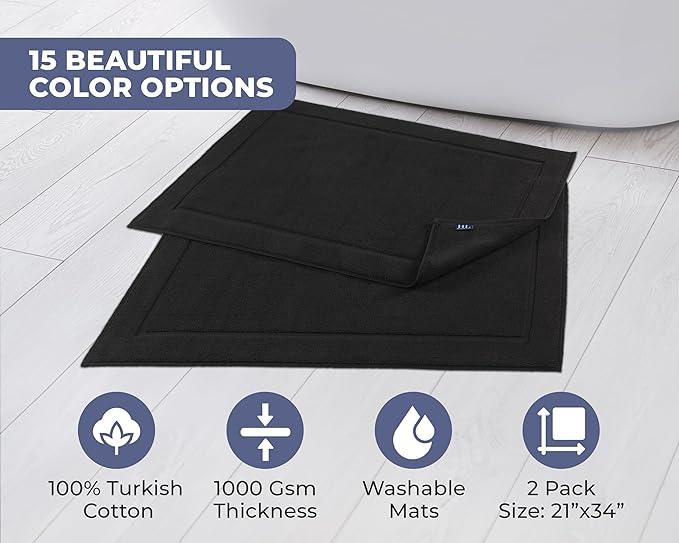 Hawmam Linen Black Bath Mats, 21 x 34 inches, Pack of 2-100% Ring Spun Cotton,[Not a Bathroom Rug] Banded Design, Highly Absorbent, Machine Washable for Bathroom Floor Towel