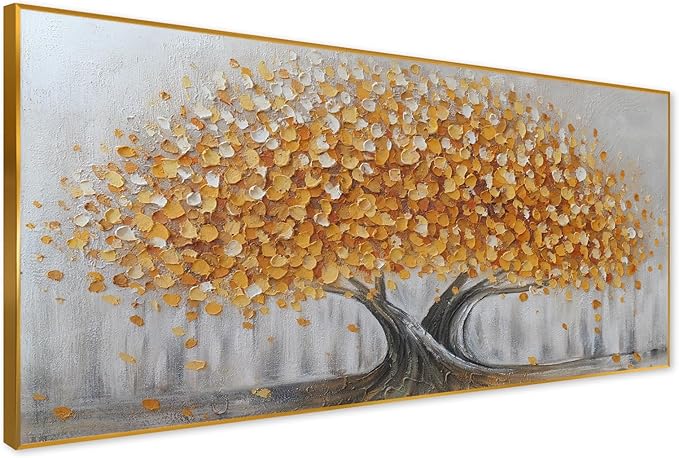 Gold Tree of Life Canvas Wall Art, Modern Abstract Textured Painting, Large Framed Panoramic Landscape Artwork for Living Room, Bedroom, Office, Home Decor 48"x24"