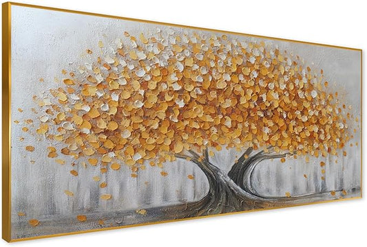 Gold Tree of Life Canvas Wall Art, Modern Abstract Textured Painting, Large Framed Panoramic Landscape Artwork for Living Room, Bedroom, Office, Home Decor 40"x20"