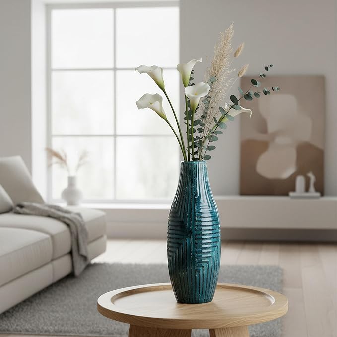 hjn Teal Ceramic Vase for Home Decor, Modern Decor Vases for Living Room/Bookshelf/Mantel/Accents - Teal texture-Medium-13.8" H