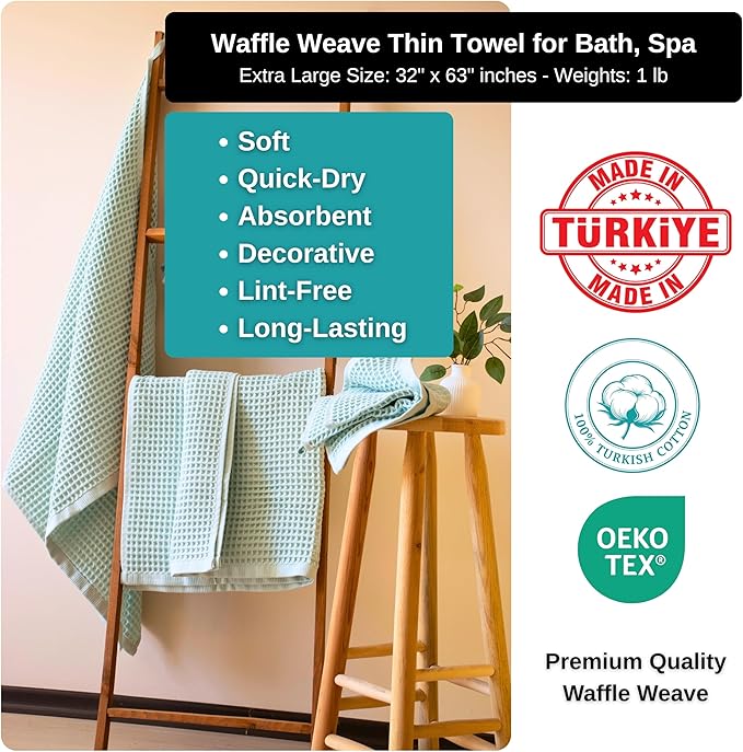 PÜSKÜL Premium Waffle Bath Towels Set of 2 - Organic 100% Turkish Cotton Bath Towel - Quick Dry, Absorbent, Light, Thin, 32x63 Large Waffle Towels for Bathroom (Ice Green Bath Towels - Pack of 2)