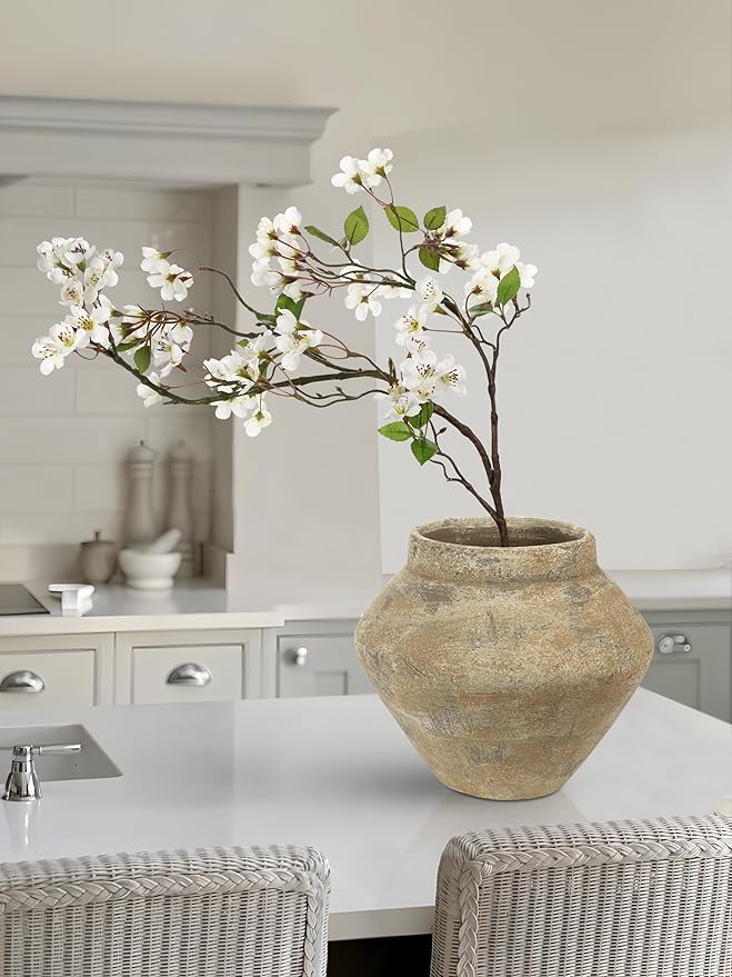 Briful Large Rustic Ceramic Vase with Distressed Finish, 8.2'' Tall Wide-Belly Decorative Flower Vases with Felt Pads, Retro Style Pottery for Home Decor, Table Centerpiece, Yellow Brown