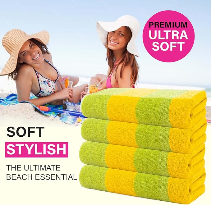 CASA COPENHAGEN Malibu Beach Towels Designed in Denmark Rough and Tough, Quick Dry, for Pool, Bath & Shower 30x60 inches 4 Pieces Cotton Beach Bath Towels Set - Green