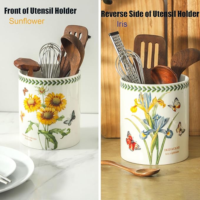 7" Flower Utensil Holder, Large Kitchen Utensil Holder Organizer , White Stable Utensil Crock Spatula Holder for Kitchen Counter Countertop Farmhouse Cooking Tools Holder(Sunflower)