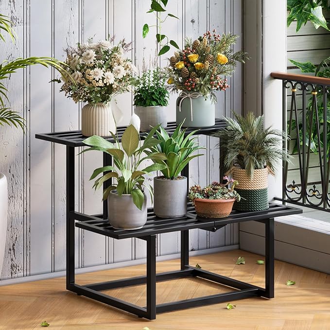 Metal Plant Stand Indoor, Outdoor Iron Plant Shelf, Heavy Duty Slatted Display Shelf for Patio Balcony Garden Living Room Load Bearing 330 LB 26" L x 20.2" H x 17.7" W 2 Tier Black