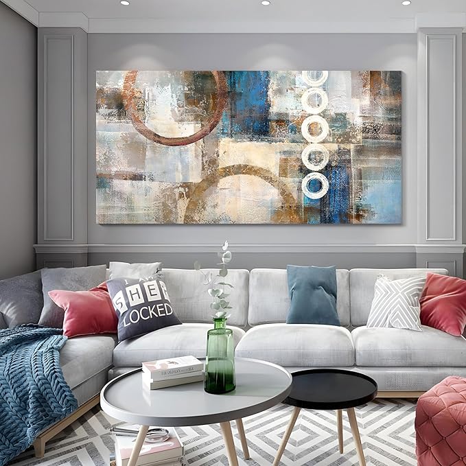 yiijeah Geometric Wall Art - Yellow and Blue Wall art for Living Room - Framed Picture Artwork & 48x24 Inches Large Painting Modern Home Decor