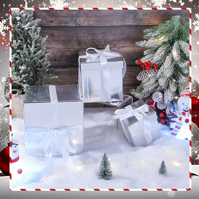 Cholemy 5 Pcs Square Nesting Boxes Decorative Gift Boxes with Lid and Ribbon Assorted Sizes Wrap for Wedding, Thanksgiving, Christmas, Anniversary, Birthday, Bridal Party(Silver)