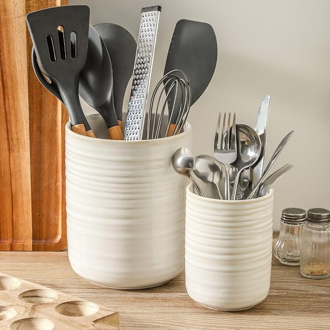 HASENSE Cooking Utensil Holder, 7.4"+5.5" Ceramic Kitchen Utensil Holder for Counter, Rustic Utensil Oganizer Crocks for Spatula, Kitchen Gift for Christmas Wedding, Set of 2, Clay-Infused White