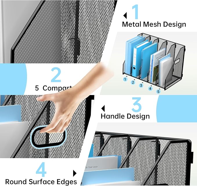 Desk File Organizer Metal Desk Magazine Folder Holder with 5 Vertical Compartments Rack File Organizer for Office, Home, School, Black