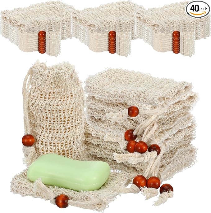 40 Pack Soap Bags Mesh Exfoliating with Drawstring Bar, Natural Sisal Soap Pouch Drying Exfoliating Net for Bath and Shower