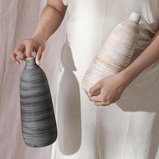 ALMA 2025 Updated 11 in Tall White Beige Vase for Boho Home Decor, Thin Ceramic Vase for Single Rose, Pampas Grass, Decorative Rustic Vase for Flowers, Dining Table Centerpieces,Table Top Decoration