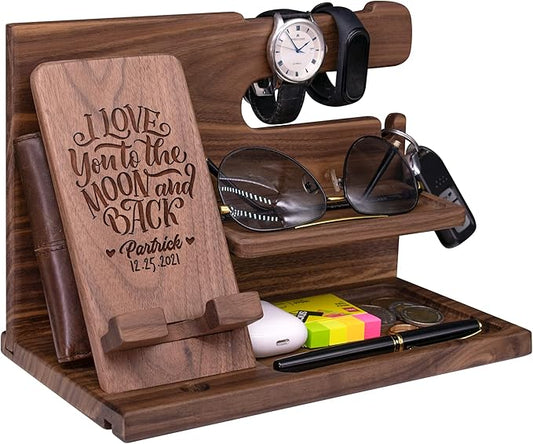 Phone Docking Station For Husband, Boyfriend - Handmade Unique Nightstand Organizer For His Accessories - Personalized Gift Ideas for Dad, Grandpa Him on Father's Day, Birthday, Anniversary
