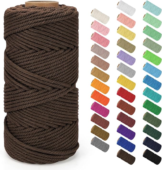 Macrame Cord 4mm x 109Yards (328Feet), Natural Cotton Macrame Rope - 4 Strands Twisted Macrame Cotton Cord for Wall Hanging, Plant Hangers, Crafts, Gift Wrapping and Wedding Decorations, Coffee