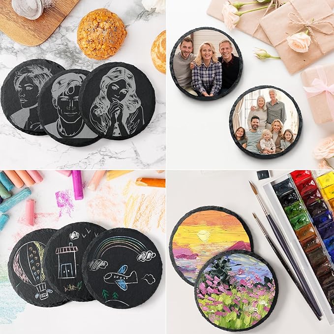 48 PCS Round Slate Drinks Coasters Bulk for Laser Engraving, MAPRIAL 4 Inch Handmade Black Rustic Stone Coaster Laser Blanks with Anti-Scratch Backing for Engraver, Wedding, Gifts, Home Decor, Bar