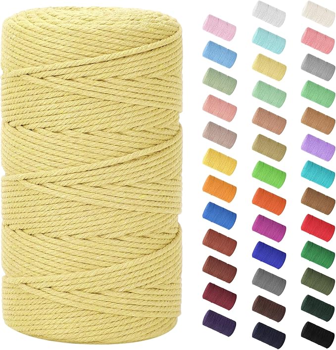 HOMEBOBO Macrame Cord 3mm x 220Yards (656Feet)Natural Cotton Macrame Rope - 4 Strands Twisted Macrame Cotton Cord for Wall HangingPlant HangersCraftsGift Wrapping and Wedding DecorationsLight Yellow