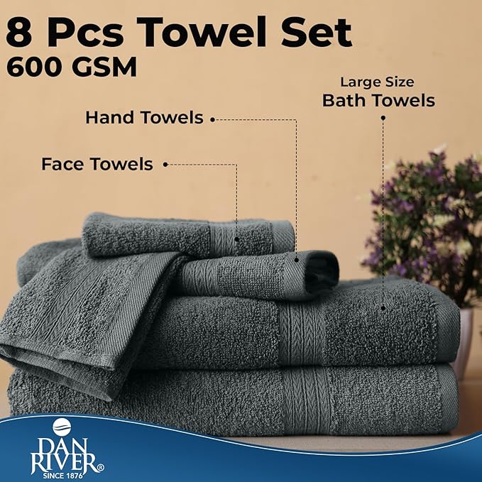DAN RIVER 8 PC Luxury Bath Towels for Bathroom, 2 Bath, 2 Hand, and 4 Wash Cloths, 600 GSM 100% Ring Spun Cotton Towel Set, Highly Absorbent, Gym, Hotel, and Spa, Grey