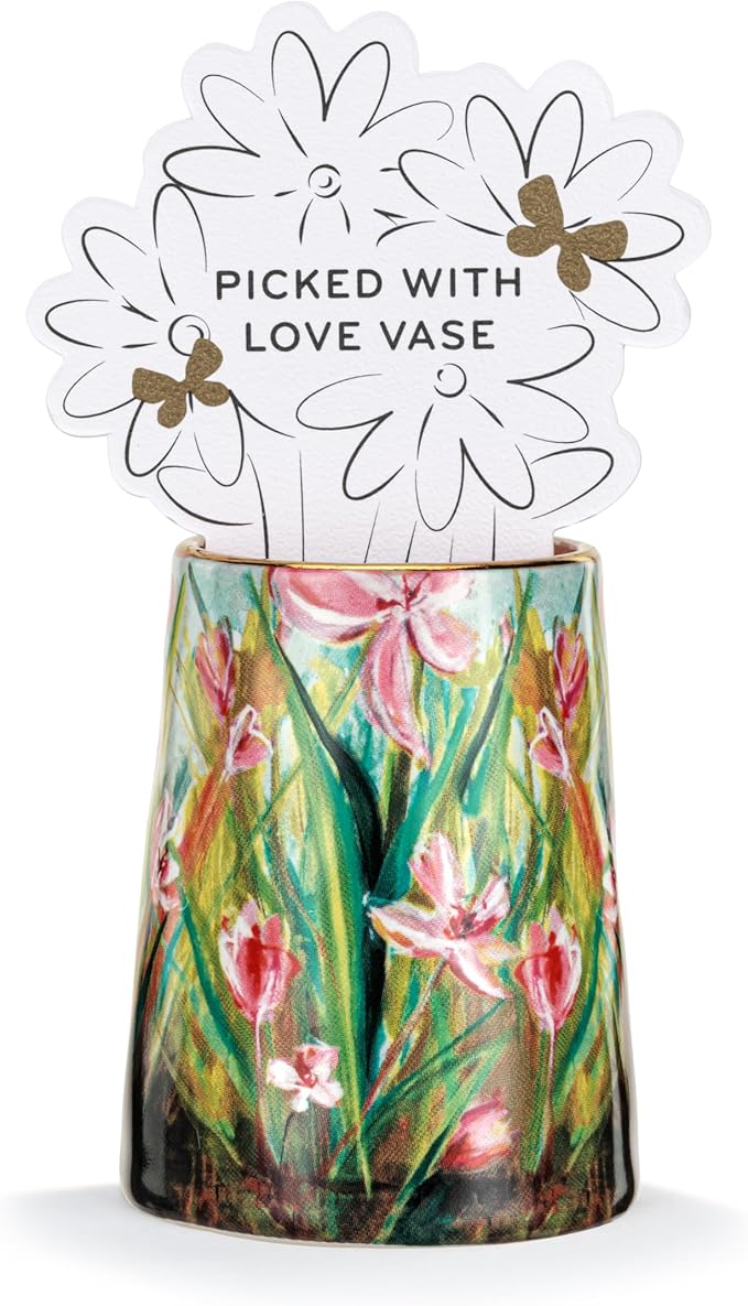 DEMDACO Elisabeth Hays Collection Everyday Watercolor Floral Stems Picked with Love Green Round 2 x 3 Stoneware Petite Decorative Bud Vase for Single Stems, Small Flowers & Home Decor