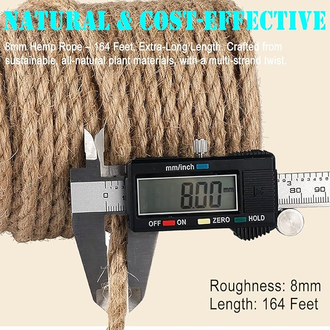 8mm Jute Twine Rope - 164ft Heavy Duty Natural Jute String for Gardening, Crafts, Packaging, DIY Projects & More - Strong, Durable & Biodegradable - Perfect for Plant Tying, Home Decor & Outdoor Use