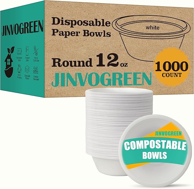 1000 Count 12 oz Paper Bowls, Disposable Compostable Bowls Bulk, Heavy Duty Biodegradable Bagasse Bowl for Snacks, Soup, and Salads, White