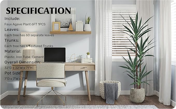 Artificial Agave Plant 6FT with 60 Leaves & 4 Trunks & Elegant Black Pot Realistic Tall Large Fake Faux Modern Tree 70 Inch for Indoor Home Office Porch Mall School Decor Housewarming Gift