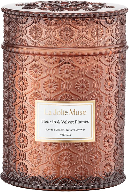 LA JOLIE MUSE Christmas Candles | Hearth & Velvet Flames | Saffron, Clove & Vanilla | 19 oz Large Wooden Wick Soy Candle | 90-Hour Clean Burn | Holiday Candle Gift | Gift-Ready for Hosts & Festive Gat