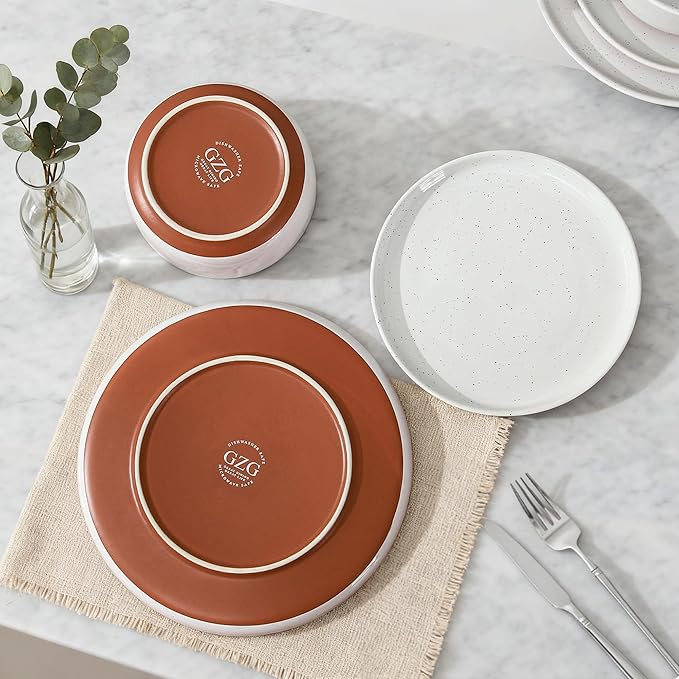 GZG Modern Art Series - 12 Pcs Speckled Stoneware Plates and Bowls Sets, Ceramic Dinnerware Set with Rustic Terracotta Underside, Microwave and Dishwasher Safe Handcrafted Dishes Set - Porcelain White