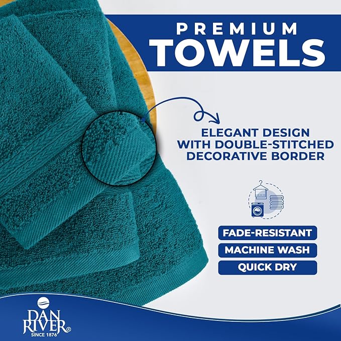 DAN RIVER 8 PC Luxury Bath Towels for Bathroom, 2 Bath, 2 Hand, and 4 Wash Cloths, 600 GSM 100% Ring Spun Cotton Towel Set, Highly Absorbent, Gym, Hotel, and Spa, Teal