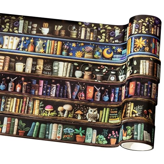 Magician’s Bookcase PET Tapes – 6 Rolls of Fantasy Embroidery-Style Bookcase Designs with Clip, for Scrapbook, Journal, Junk Journal, Planner and DIY Decor
