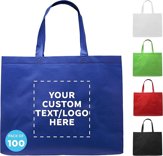 DISCOUNT PROMOS Custom Jumbo Sized Tote Bags Set of 100, Personalized Bulk Pack - Reusable Grocery Bags, Shopping Bags, Promotional Item Totes for Women - Blue