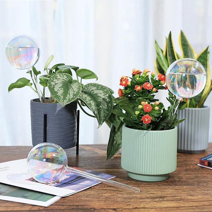 6.4 oz Medium Plant Self Watering Globes, Light Iridescent Glass Water Bulb for Indoor Plants Vacation Use, Automatic Plant Waterer, Watering Spikes Stakes, Perfect Gardening Gifts, 2 Pack