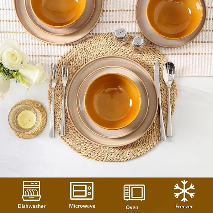 Vicrays Ceramic 12 Pieces Dinnerware Set - Dinner Plates Salad Plates Cereal Bowls Set Service for 4 - Scratch Resistant Microwave Oven Dishwasher Safe - Beige