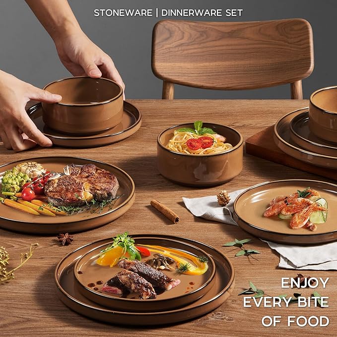 Onader Dinnerware Dishes Sets for 8, Stoneware Plates and Bowls with Unglazed Terracotta Bottom, Ceramic Kitchen Dinner Dish Set 24 Piece - Earthy Umber