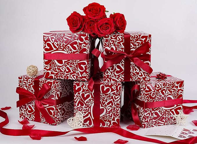 Jaywayang 5 Pack Red Valentine Gift Boxes with Lids, Ribbons and Tissue Papers Square Gift Boxes - 7.1 Inch - Christmas Presents Wrapping Valentine's Day Decoration Birthday Anniversary Party Favor Boxes.