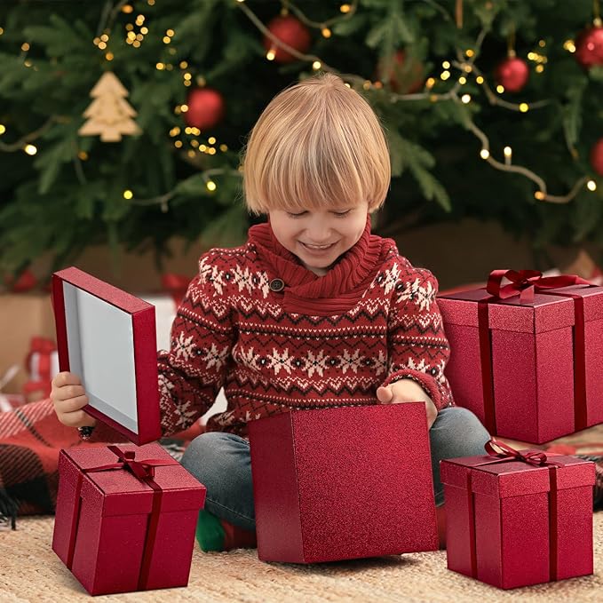 UNIQOOO 5Pcs Red Glitter Xmas Gift Box Set with Lid, Assorted Size, Square Nested Wedding Keepsake Boxes, Holiday Paper Box Tower For Birthday Party, Mother's Day Gift Wrap Packaging