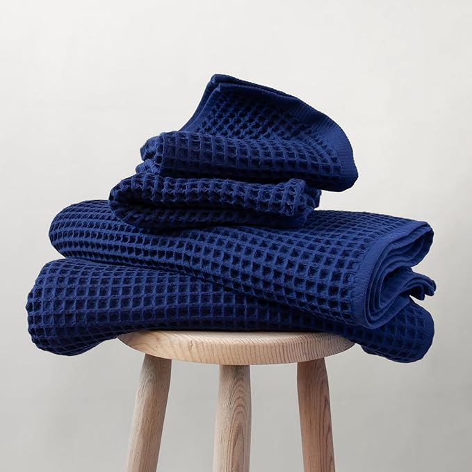 PÜSKÜL - Premium Waffle Towel Set 4 Pieces Navy Blue - Organic 100% Turkish Cotton Quick-Dry Towels for Bathroom Made in Turkiye (Navy Blue, Towel Set - 2 Hand & 2 Bath Towels)