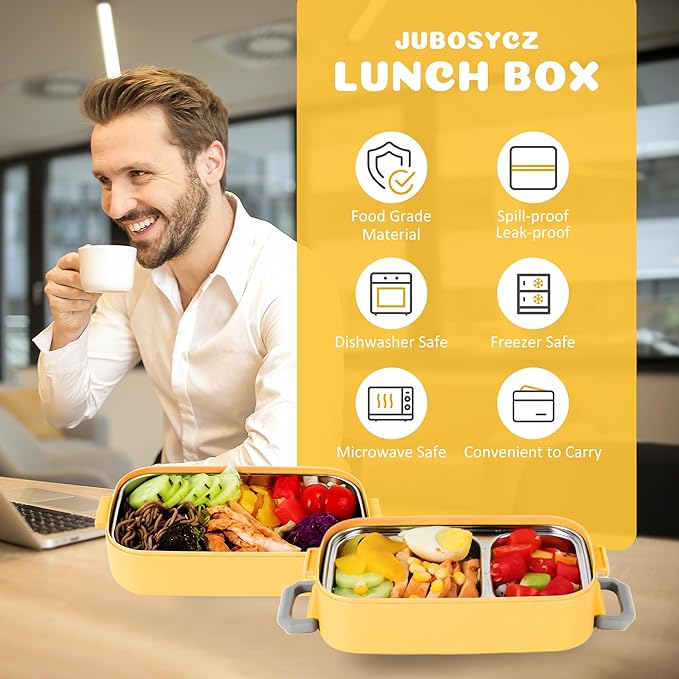 Bento Lunch Box for Kids Women Men, 47oz 2-Compartment Snack Salad Metal Food Prep Pack Container for Lunch, Stainless Steel 2 Layers Stackable Lunch Containers with Lids for Adults and Teens Yellow