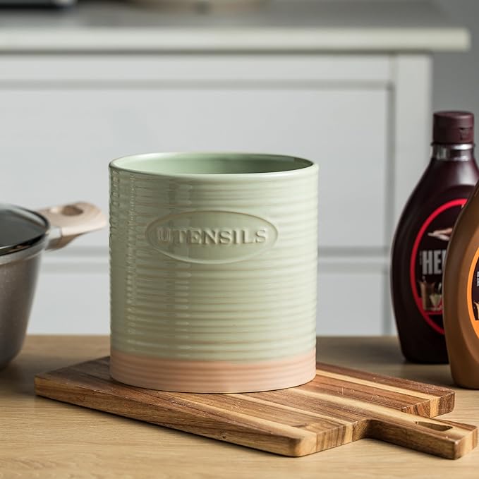 YHOSSEUN Kitchen Utensil Holder, Ceramic Utensil Holder for Kitchen Counter 6.7" Large Cooking Utensil Crock Farmhouse Utensil Organizer Storage, Oval Opening, Green