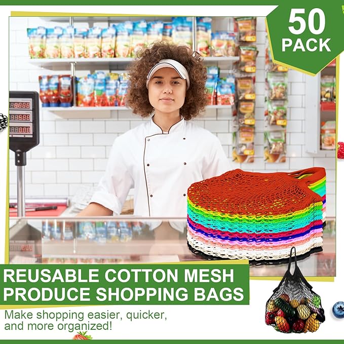 Paterr 50 Pack Cotton Mesh Produce Bags Bulk Reusable Market Bag Washable Net Grocery Purse String Shopping Tote Beach Organizer for Vegetable Fruit Picnic Food Storage (Short Handle,Multicolor)