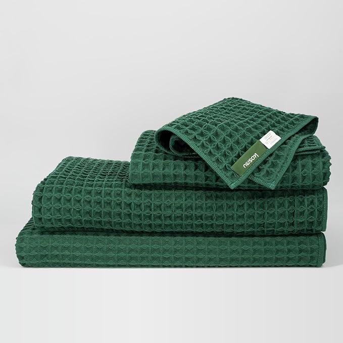 Luxury Japanese Cotton Waffle Bath Towel | Plush, Absorbent, and Quick Dry | Free Storage Bag Included (Forest Green, Complete Set (4-Piece))