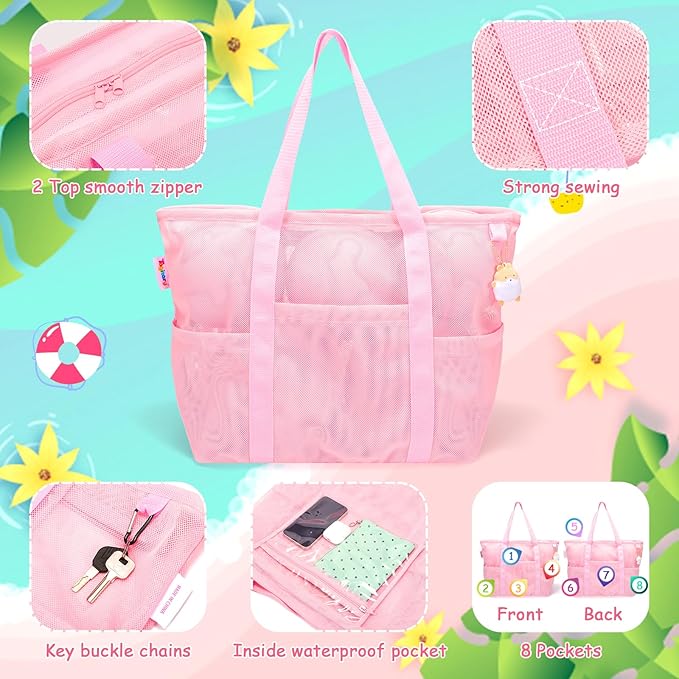 Tagitary Mesh Beach Bag with Zipper Large Beach Tote Waterproof Sandproof with 8 Pockets for Toys Pool Bag Beach Accessories