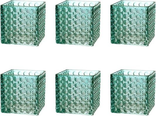 Square Vases Set of 6, 4" x 4" x 4" Square Glass Vases for Flowers, Green Flower Vase for Centerpieces, Small Bubble Vase for Wedding, Party, Home, Office, Parties, Events