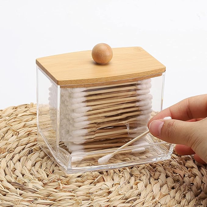 Tbestmax 2 Pack 10oz Qtip Holder Dispenser with Bamboo Lids, Big Clear Bathroom Organizer Accessories Decor for Storage-Qtips Cotton Ball Holder Apothecary Jars, Cotton Swabs, Floss Container