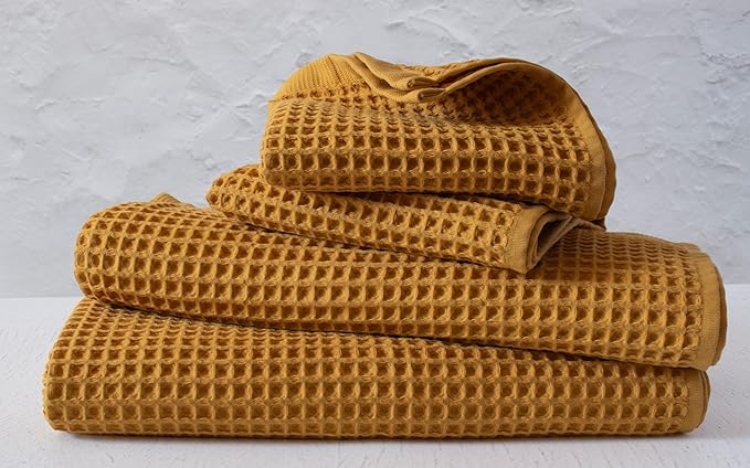 PÜSKÜL - Premium Waffle Towel Set 4 Pieces Mustard - Organic 100% Turkish Cotton Quick-Dry Towels for Bathroom Made in Turkiye (Mustrad Yellow, Towel Set - 2 Hand & 2 Bath Towels)