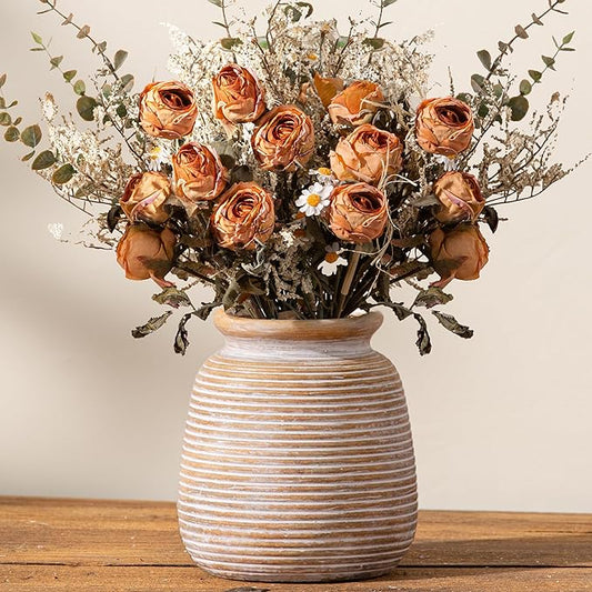 Ceramic Rustic Vase, Small Flower Farmhouse Vases Home Decor, 6“ Terracotta Pottery Decorative Pampas Vase for Table Living Room Entryway Mantel Bookshelf Bedroom Bathroom Kitchen-Yellow