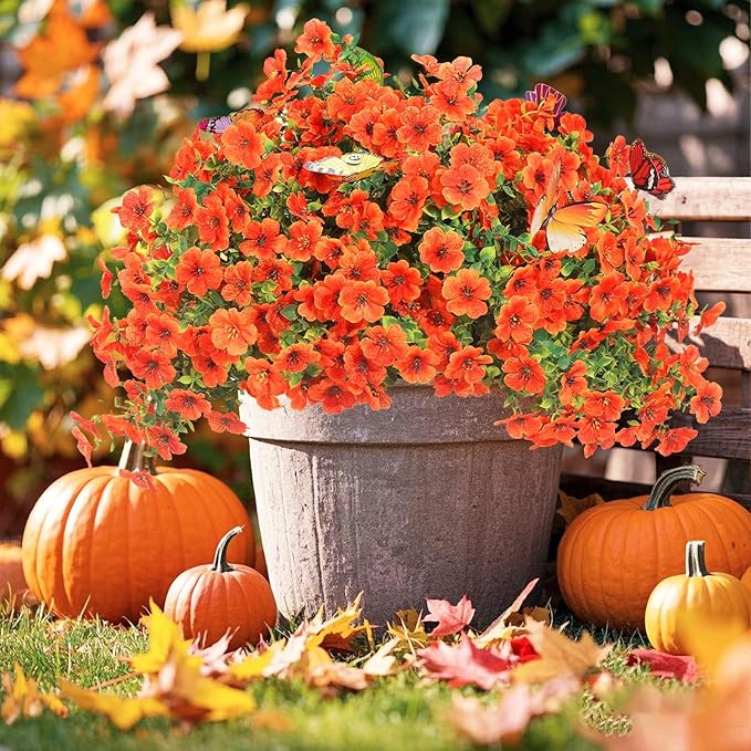 20 Bundles Artificial Flowers for Outdoors‌ with 6 Faux Butterflies, UV Resistant Fake Flowers‌ with Eucalyptus Leaves, Artificial Plants Outdoor‌ for Patio Garden Porch Home Decor (Orange)