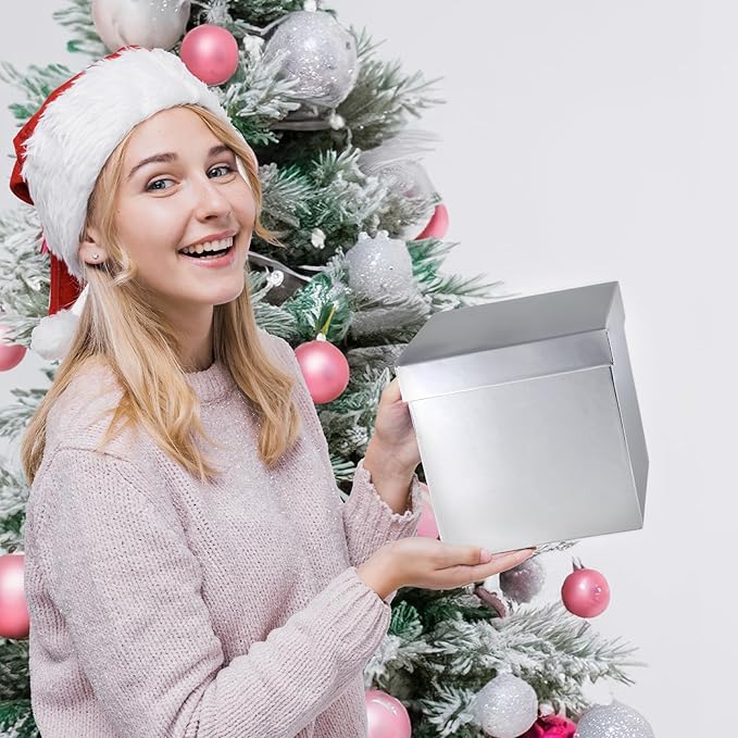 UNIQOOO 5Pcs Metallic Silver Christmas Gift Box Set with Lid, Assorted Size, Silver Square Nested Wedding Keepsake Card Gift Box, Paper Box Tower Organizer For Party, Thanksgiving, Gift Wrap Packaging