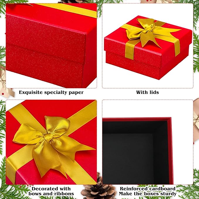 Tenceur 10 Pcs Gift Boxes with Lids Heavy Duty Nested Assorted Sizes Cardboard Gift Boxes for Presents with Ribbon for Xmas Holiday Present(Red, Gold,5 Size)