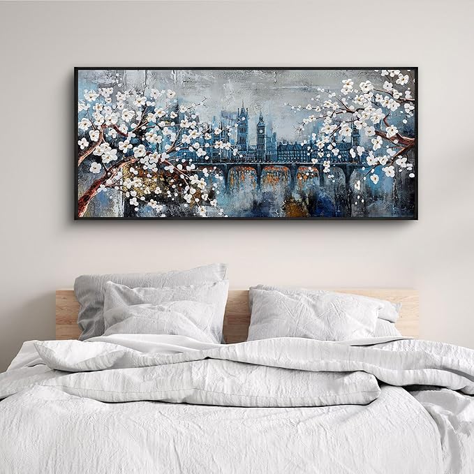 KLAKLA Extra Large Wall Art for Living Room City Scenes - Black Frame Large Abstract Wall Decor Bedroom Office Landscape Plum Blossom Picture Artwork for wall Modern Home Decoration